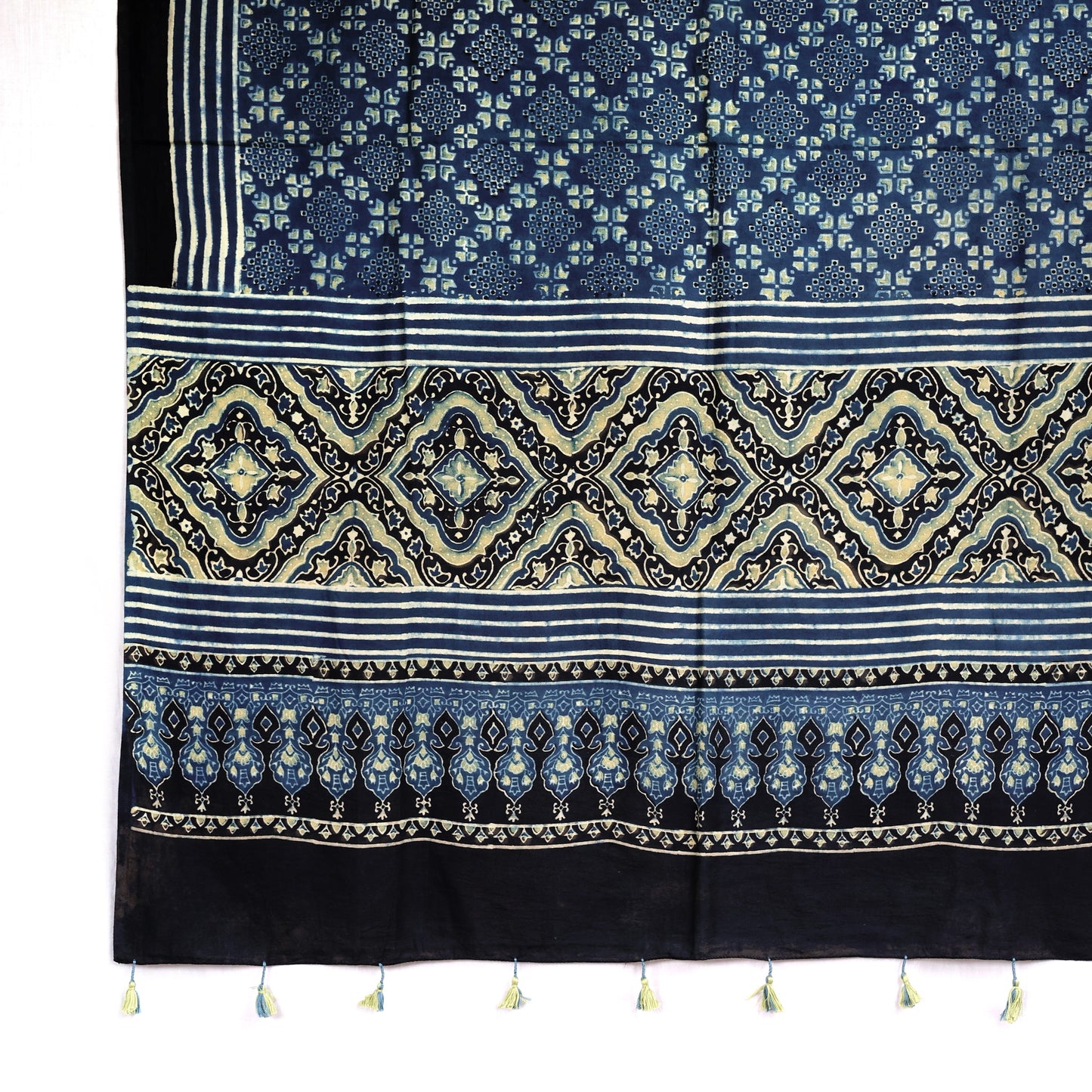 Ajrakh Cotton Handblocked Printed Dupatta With Tassels – Blue Red