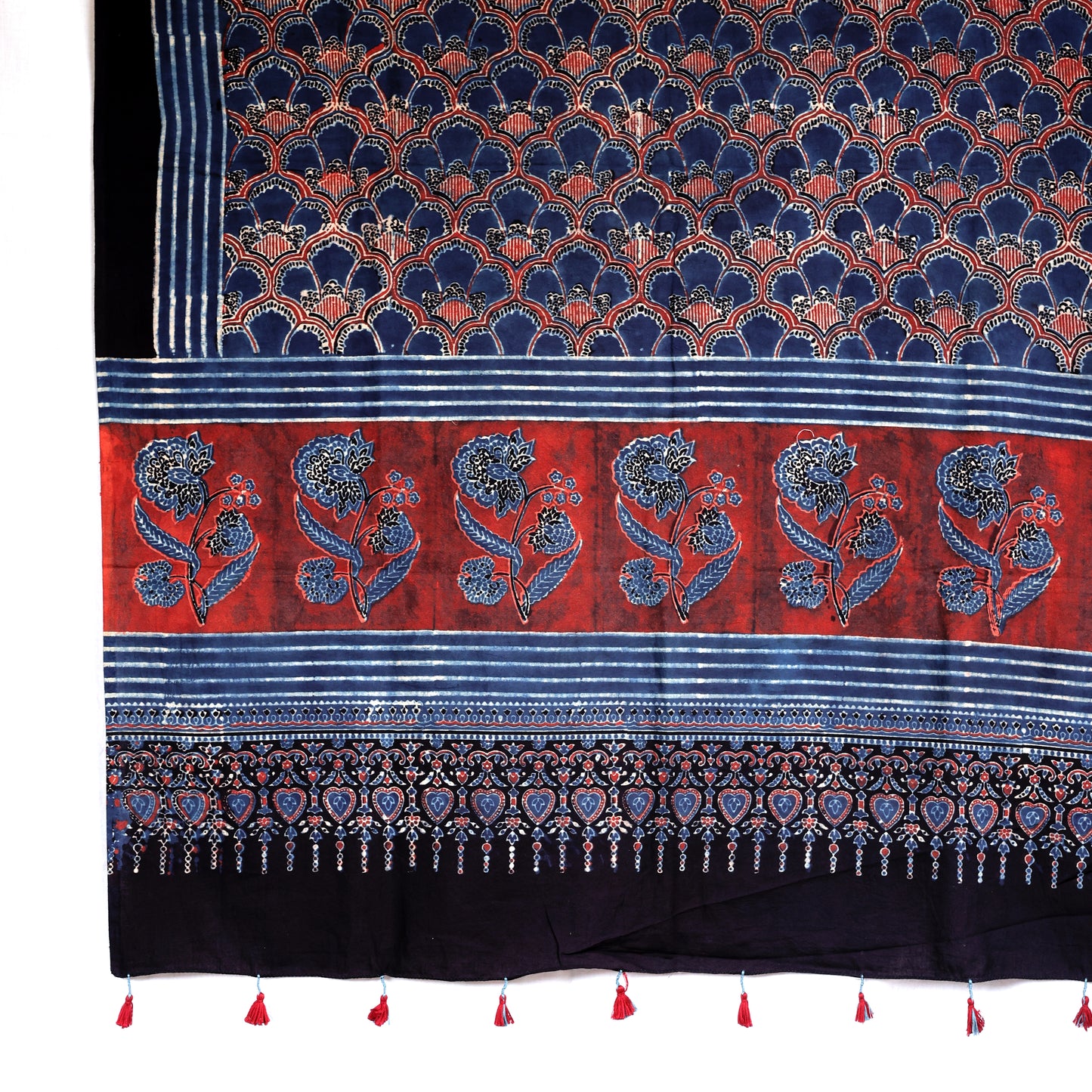 Ajrakh Cotton Handblocked Printed Dupatta With Tassels – Red Flower