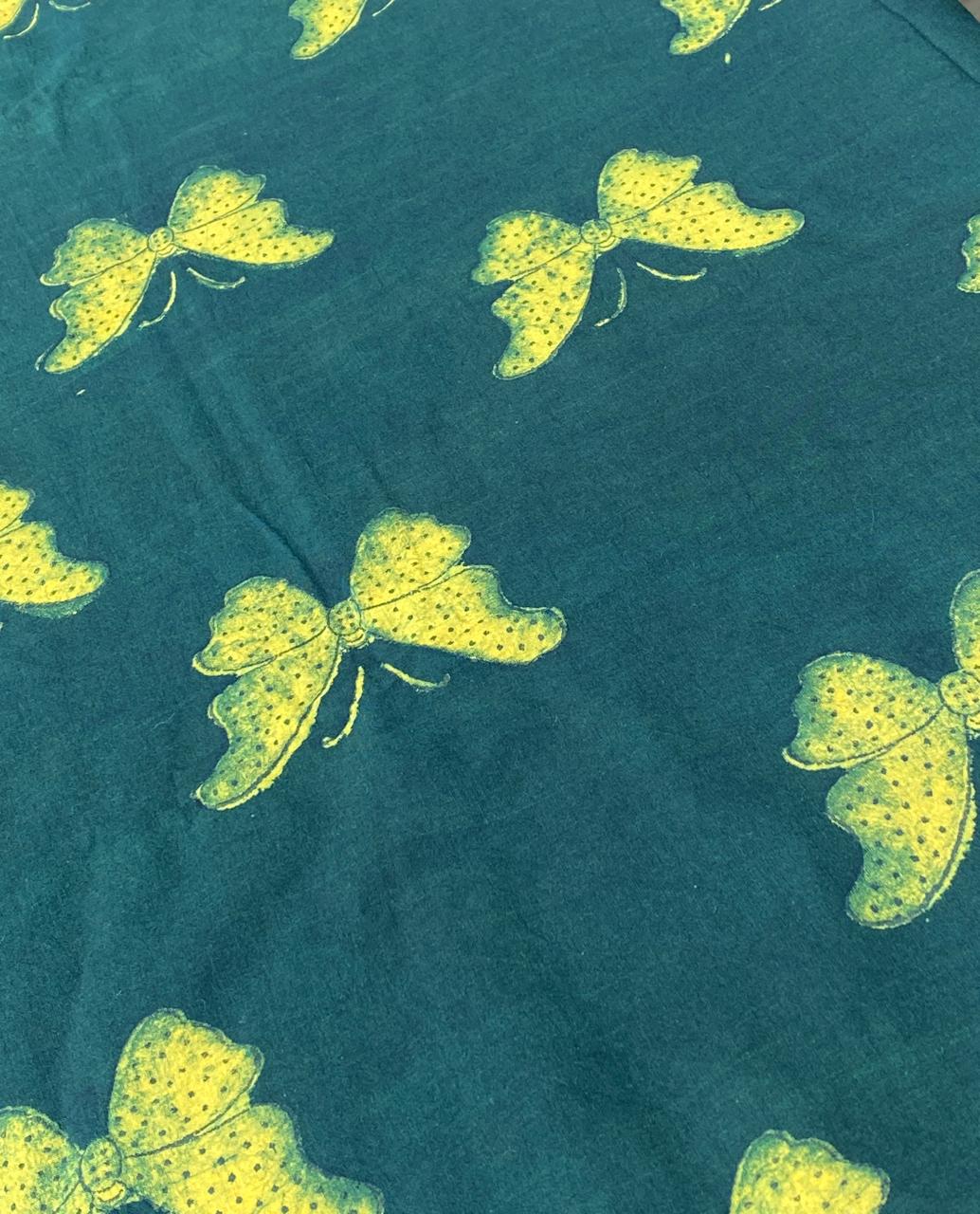 Green Akola Butterfly HandBlock Printed Cotton Fabric