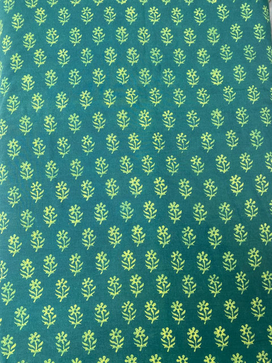 Green Small Flower Akola HandBlock Printed Cotton Fabric