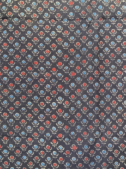 Black Small Flower Natural Dye Ajrakh Kala Cotton Fabric