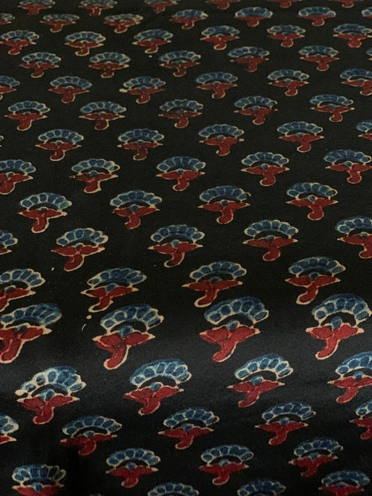 Black Small Floral Modal Silk Ajrakh Fabric