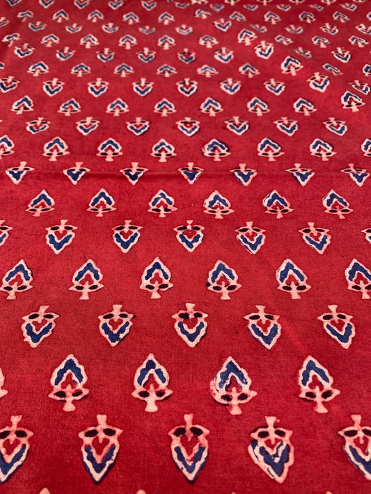 Natural Dye Red Floral Handblock Ajrakh Cotton Fabric