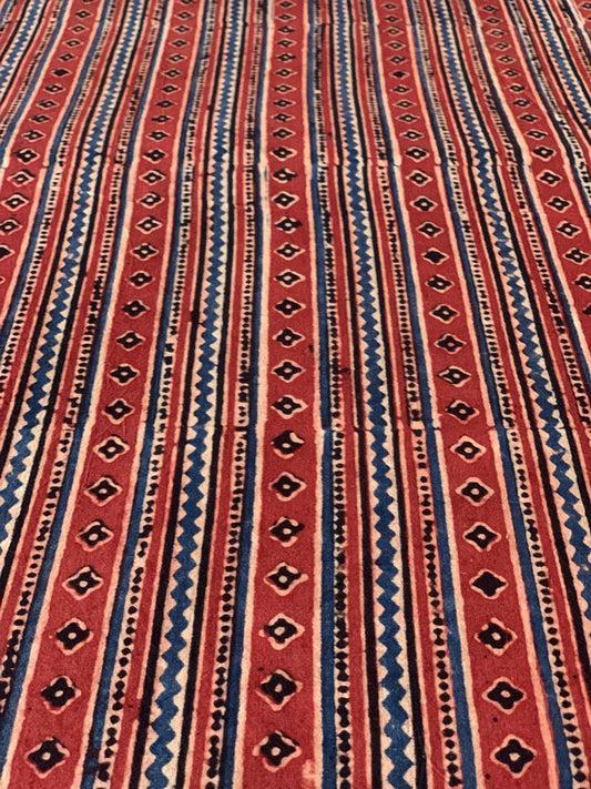 Natural Dye Red Striped Handblock Ajrakh Cotton Fabric