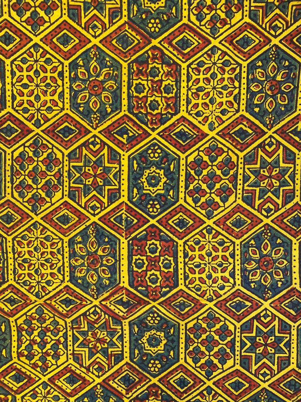 Natural Dye Turmeric Yellow Maroon Handblock Ajrakh Cotton Fabric