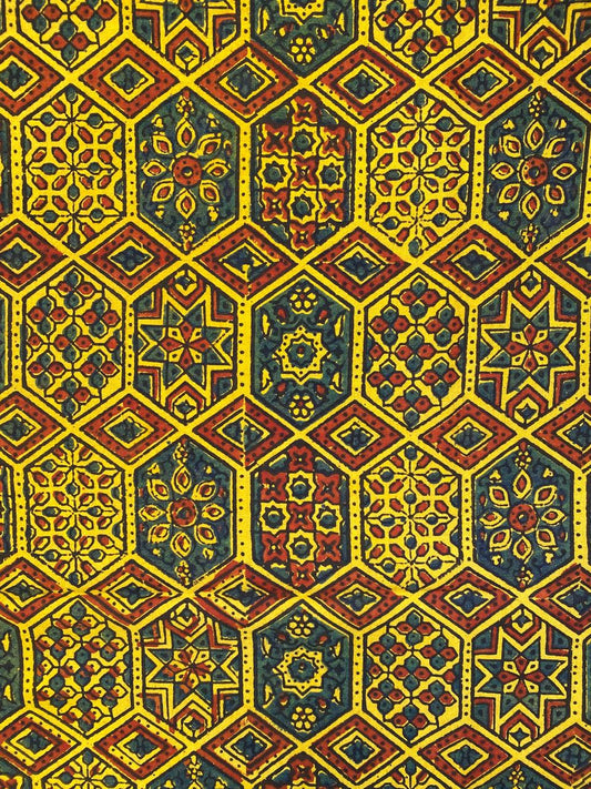 Natural Dye Turmeric Yellow Maroon Handblock Ajrakh Cotton Fabric