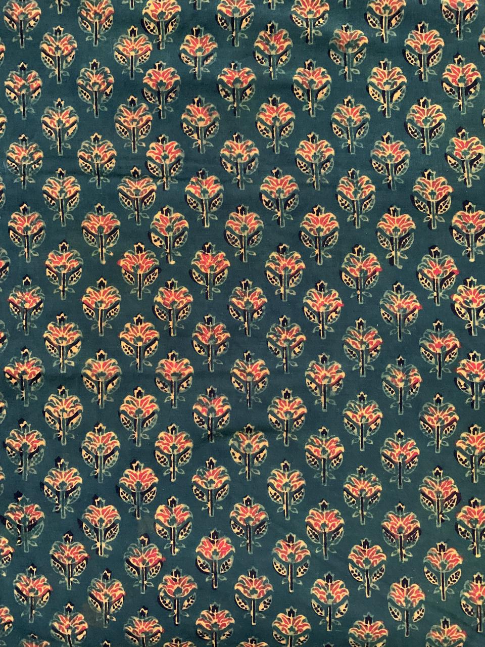 Natural Dye Deep Green Handblock Ajrakh cotton Fabric