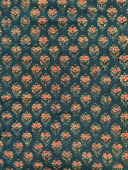 Natural Dye Deep Green Handblock Ajrakh cotton Fabric
