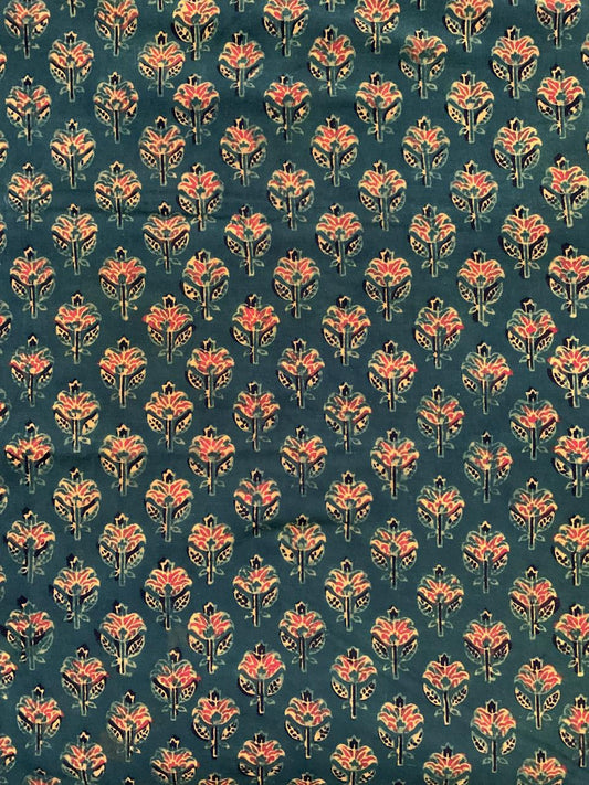 Natural Dye Deep Green Handblock Ajrakh cotton Fabric