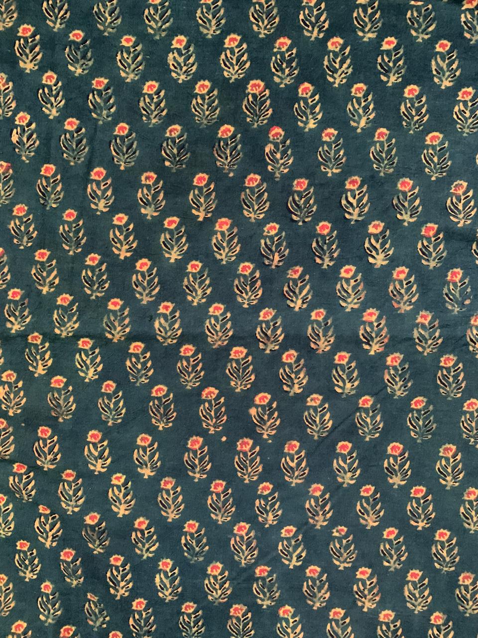 Natural Dye Deep Green Handblock Ajrakh Cotton Fabric