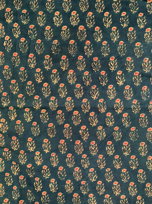 Natural Dye Deep Green Handblock Ajrakh Cotton Fabric