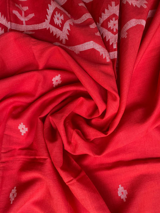 Red Border Handloom Jamdani Cotton Fabric