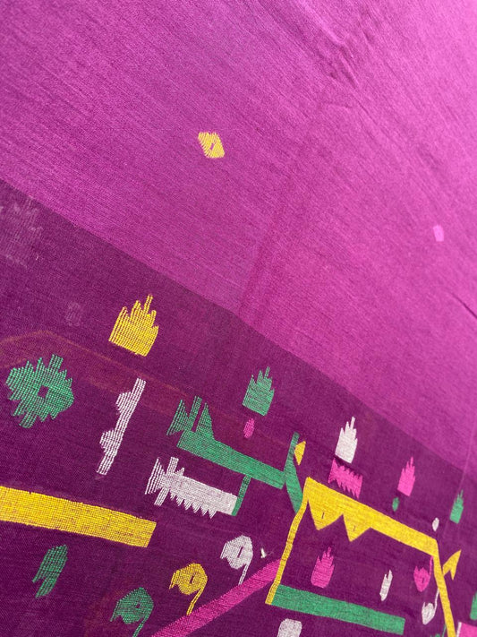 Magenta Multicolour Handloom Border Jamdani Cotton Fabric