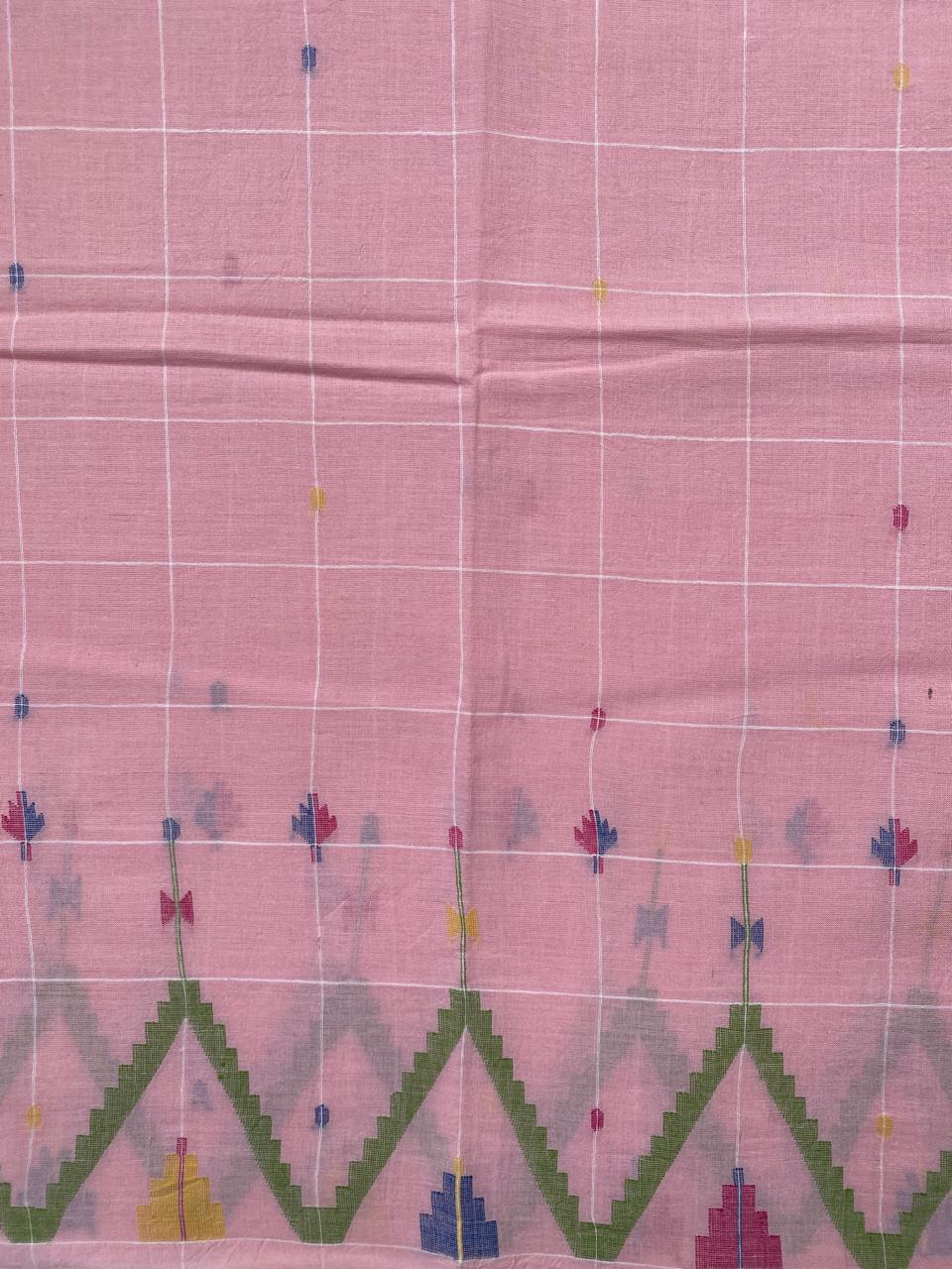 Baby Pink Handloom Border Jamdani Cotton Fabric