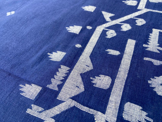 Indigo Blue Handloom Border Jamdani Cotton Fabric