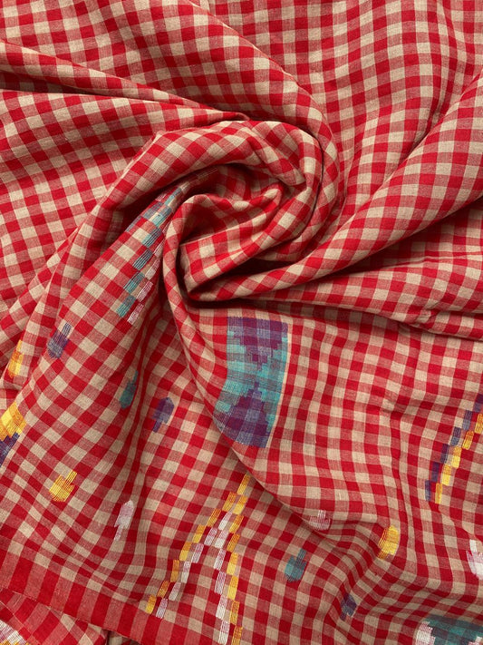 Red Checks Border Jamdani Handloom Cotton Fabric