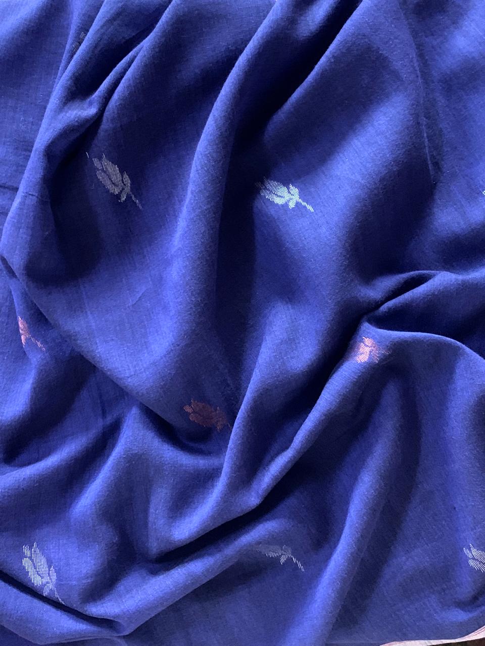 Blue Copper Silver Butti Handloom Cotton Jamdani Fabric