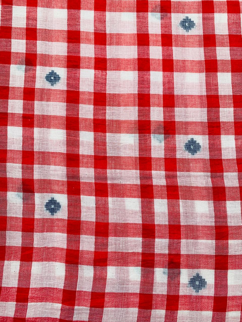 RED AND CREAM CHECKS HANDLOOM JAMDANI COTTON FABRIC