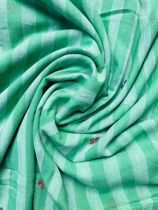 PISTA GREEN STRIPE BUTTA JAMDANI HANDLOOM COTTON FABRIC