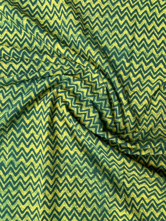 Green Akola ZigZag Block print Cotton Fabric