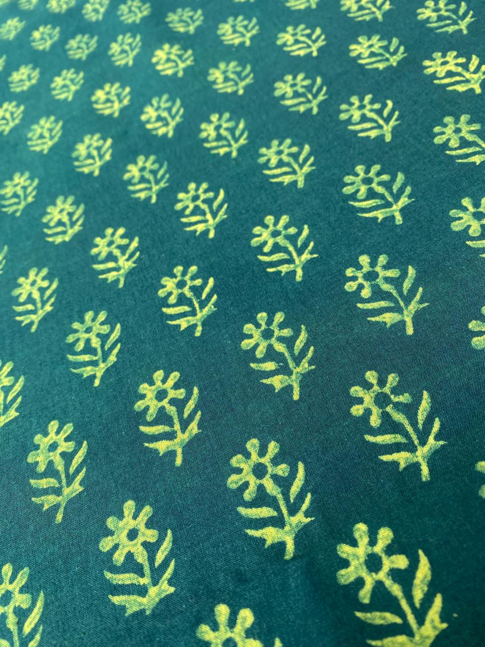 Green Small Flower Akola HandBlock Printed Cotton Fabric