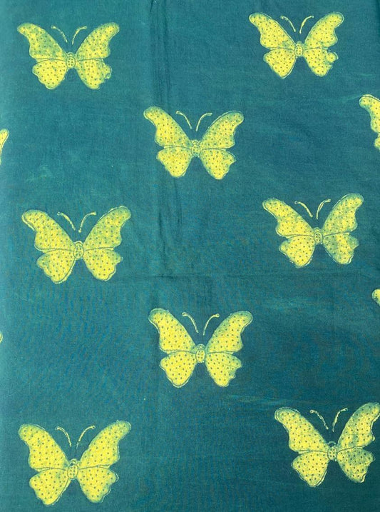 Green Akola Butterfly HandBlock Printed Cotton Fabric