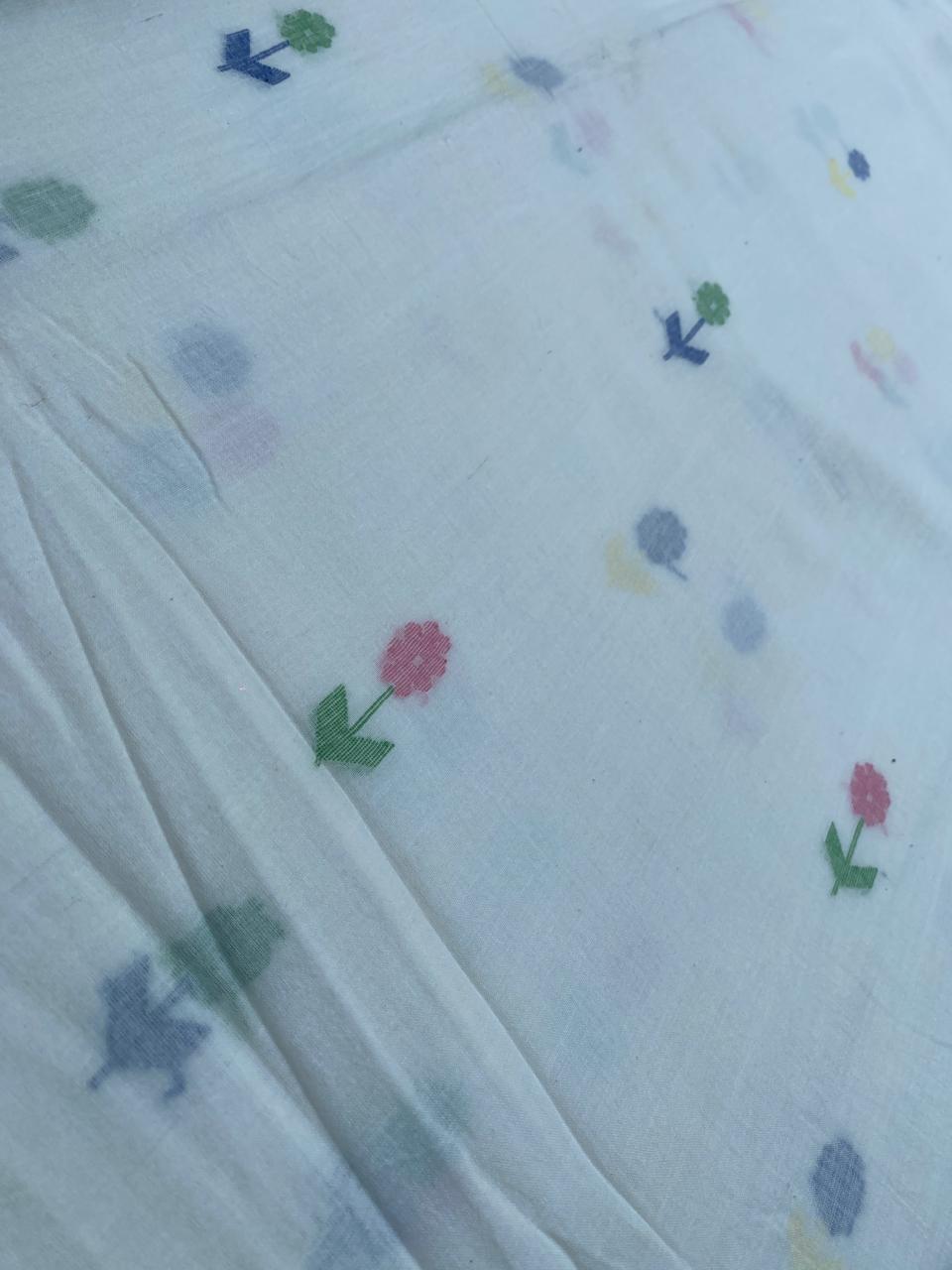 Off White Flower Butta Jamdani Cotton Fabric