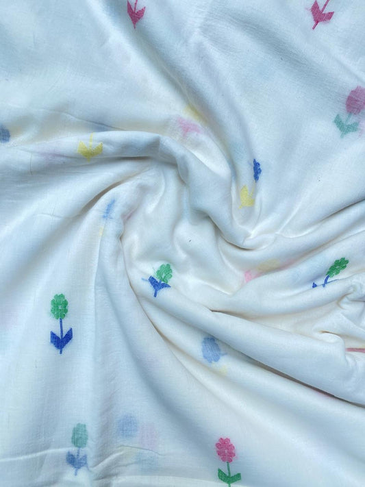 Off White Flower Butta Jamdani Cotton Fabric