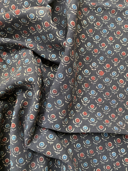Black Small Flower Natural Dye Ajrakh Kala Cotton Fabric