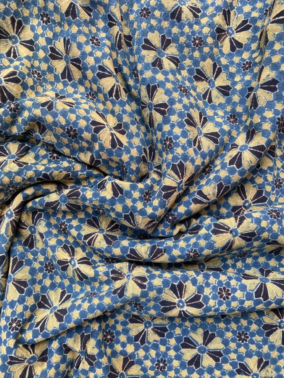 Black Flower Natural Dye Ajrakh Kala cotton fabric