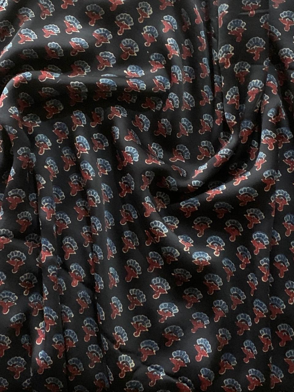 Black Small Floral Modal Silk Ajrakh Fabric