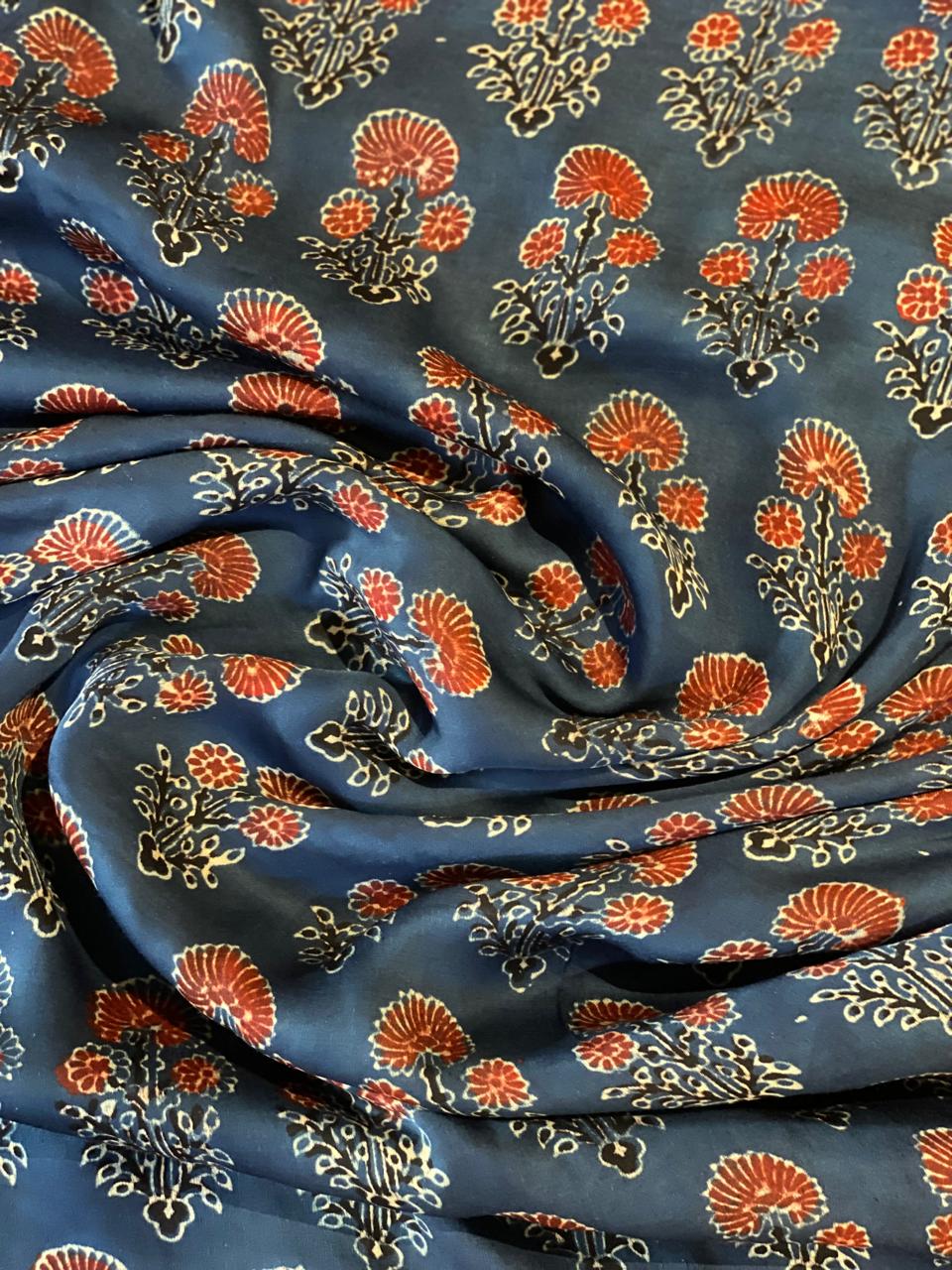 Modal Botanical Print Ajrakh Silk Fabric