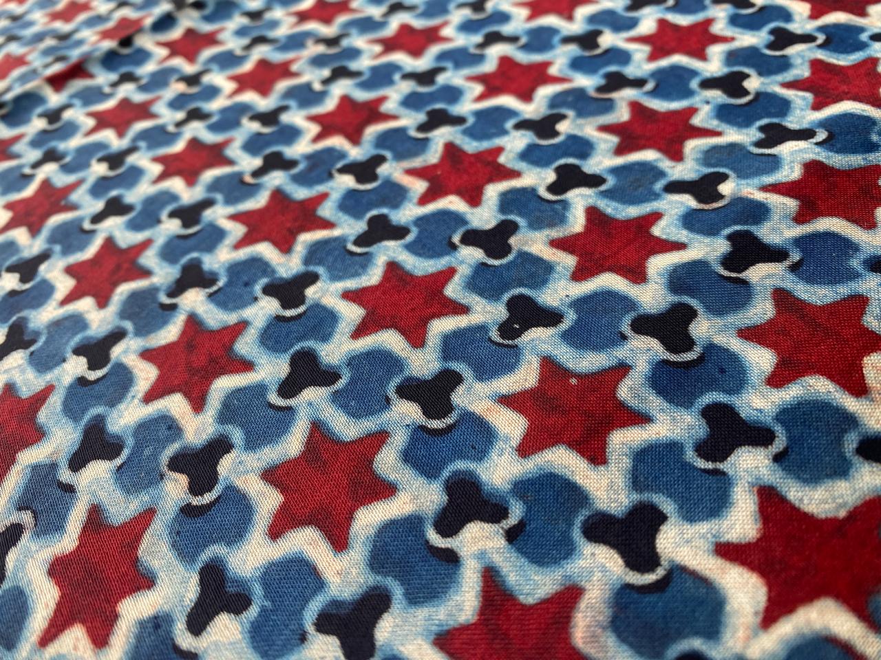 Blue Star Print Modal Silk Ajrakh Fabric