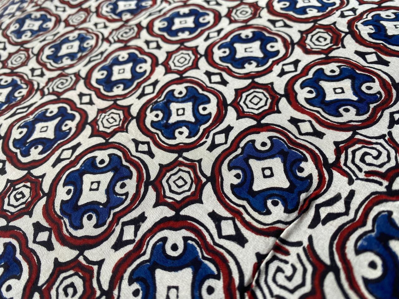 Beige Blue Modal Silk Ajrakh Fabric