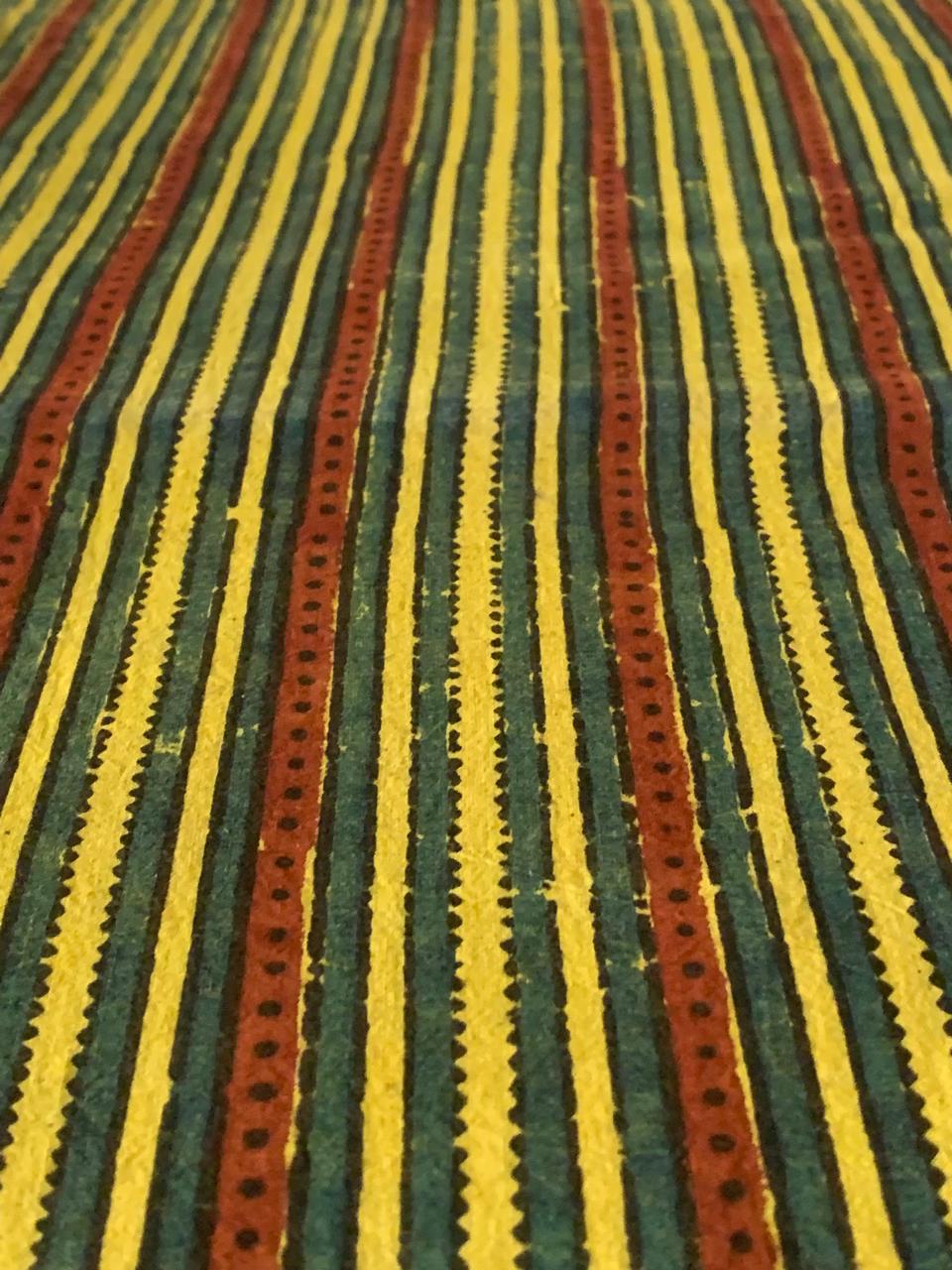 Natural Dye Stripe Turmeric Yellow Handblock Ajrakh Cotton Fabric