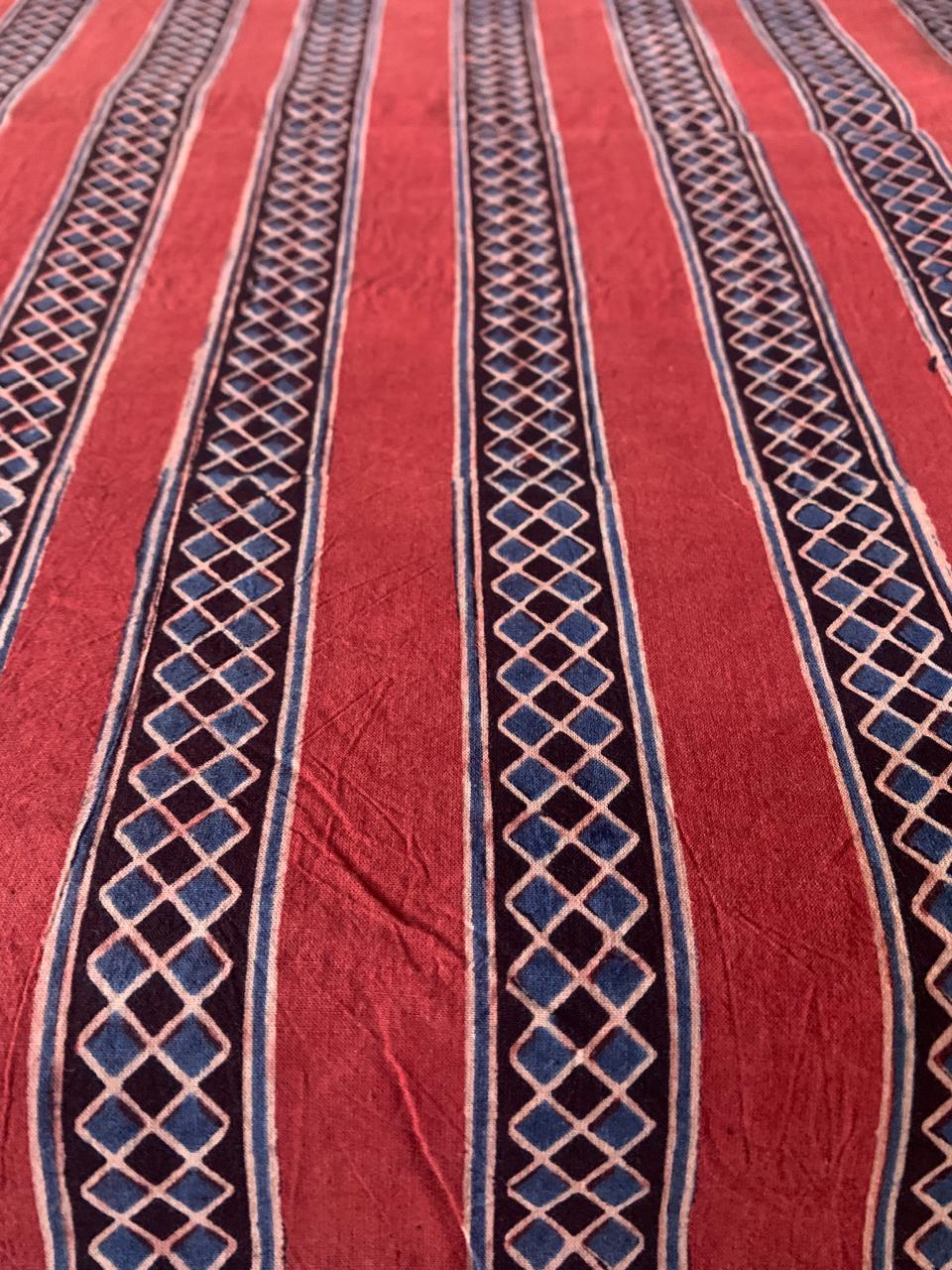 Natural Dye Red Geometric Stripe Handblock Ajrakh Cotton Fabric