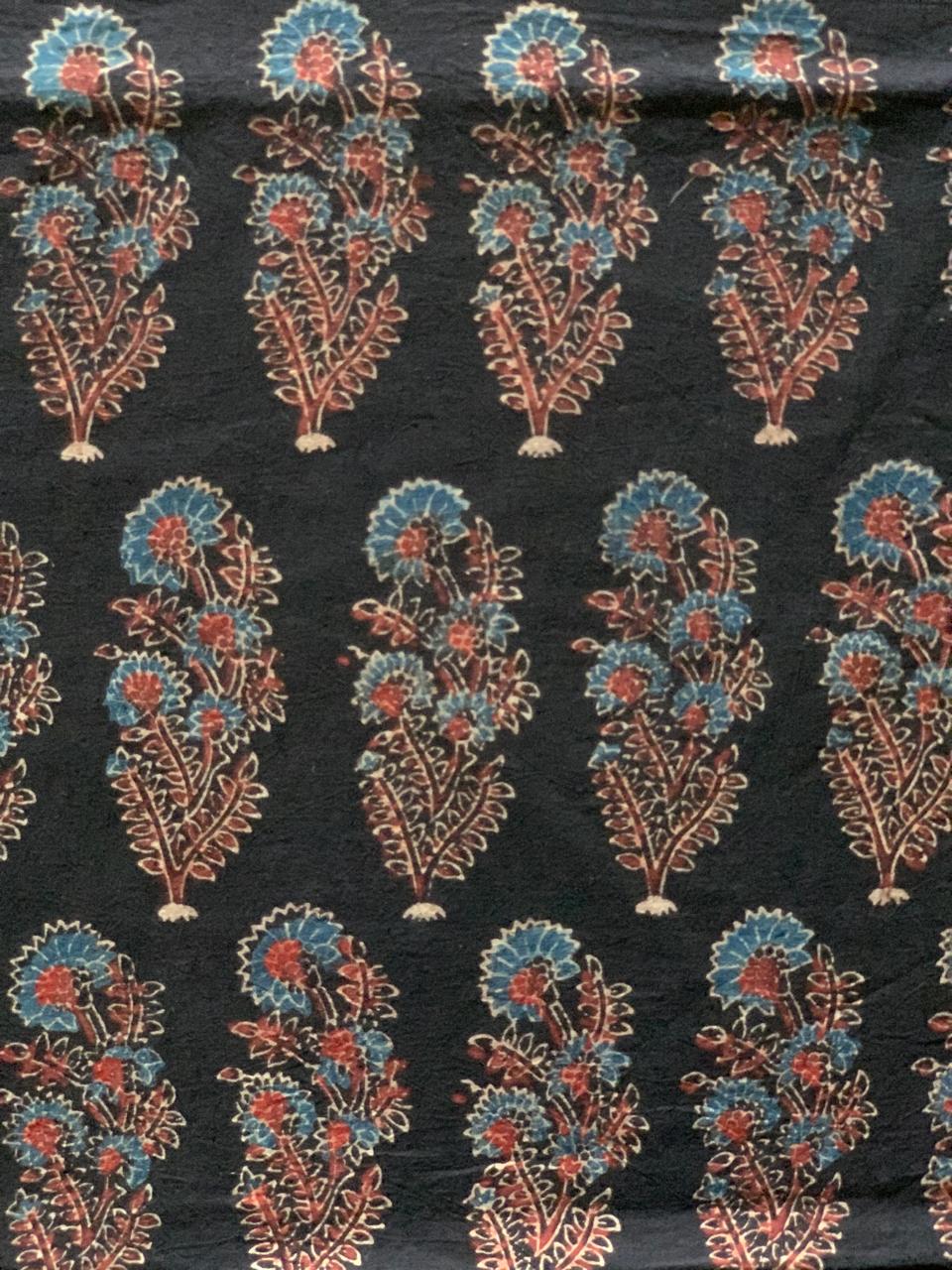 Natural Dye Black Floral Motif Handblock Ajrakh Cotton Fabric