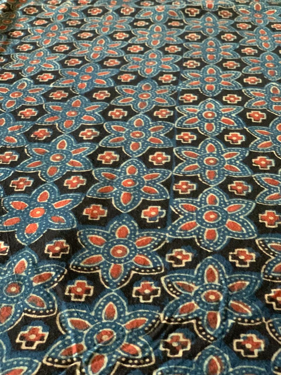 Natural Dye Indigo Black Handblock Ajrakh Cotton Fabric