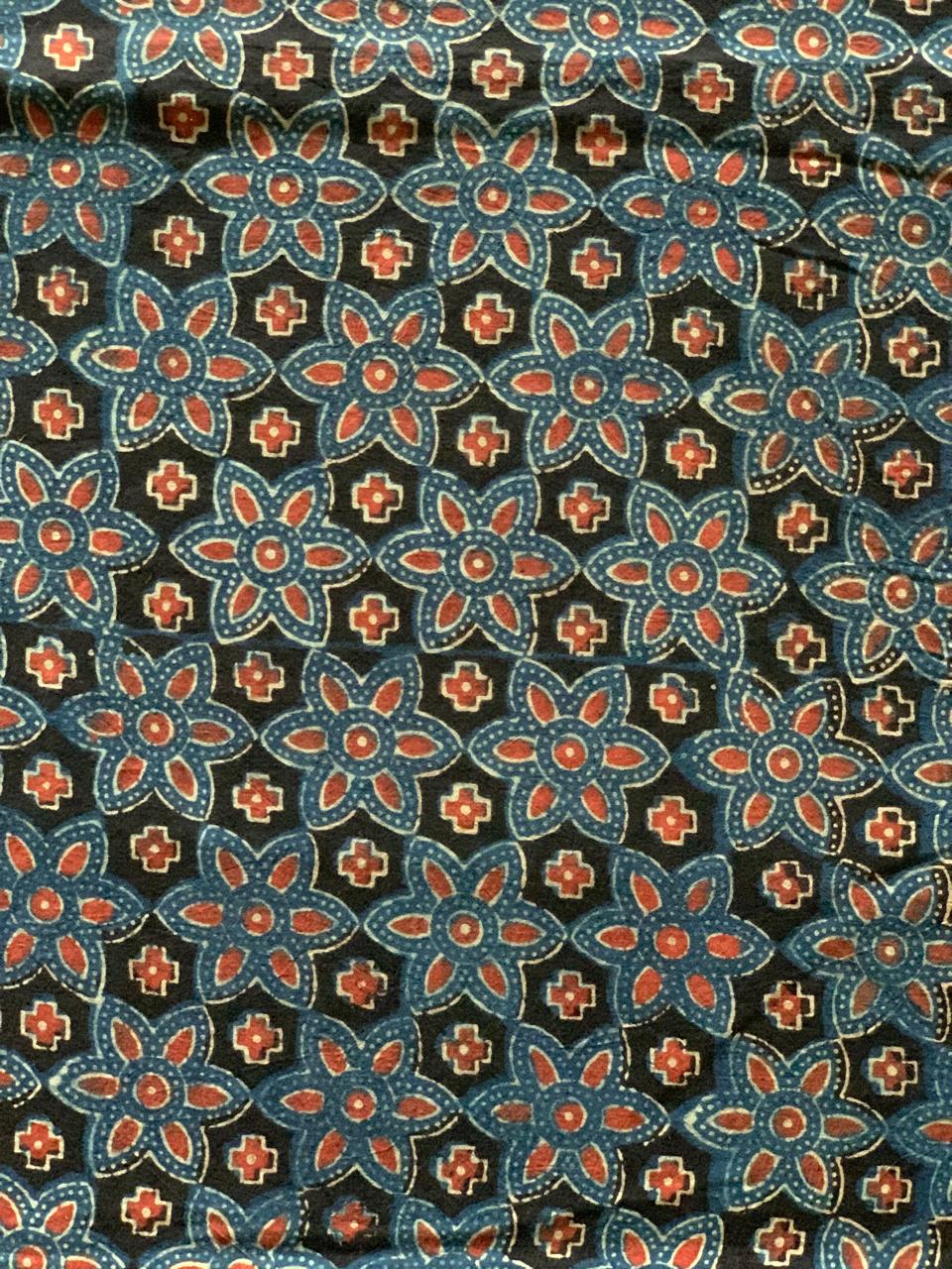 Natural Dye Indigo Black Handblock Ajrakh Cotton Fabric