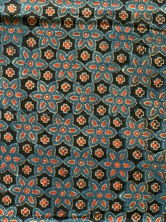 Natural Dye Indigo Black Handblock Ajrakh Cotton Fabric