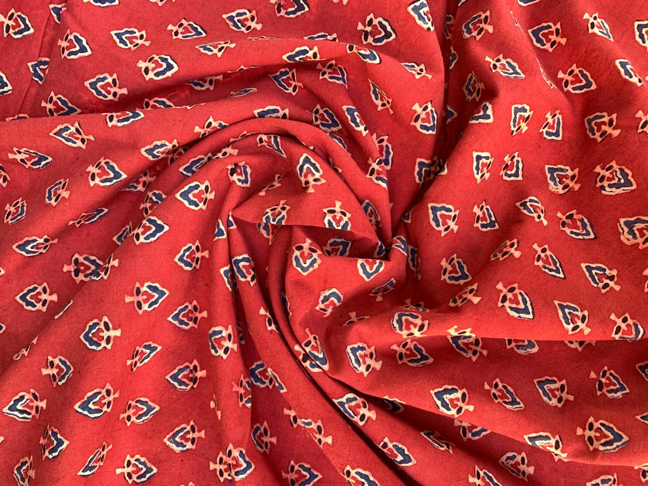 Natural Dye Red Floral Handblock Ajrakh Cotton Fabric