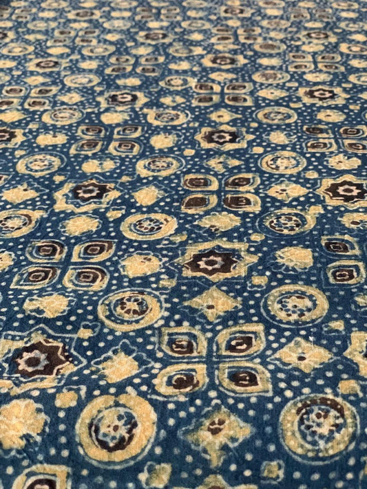 Natural Dye Indigo Intricate Geometric Handblock Ajrakh Cotton Fabric