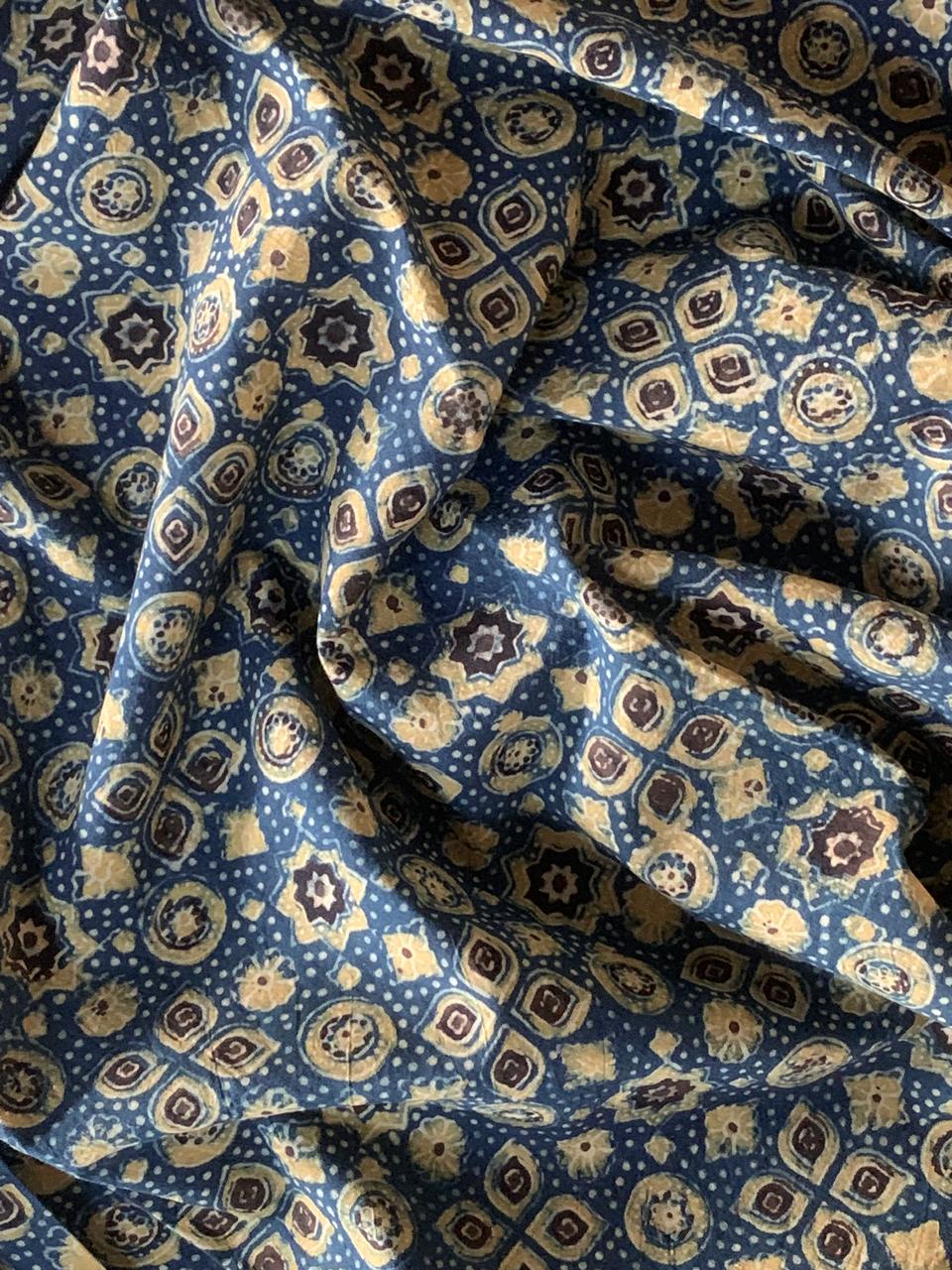 Natural Dye Indigo Intricate Geometric Handblock Ajrakh Cotton Fabric