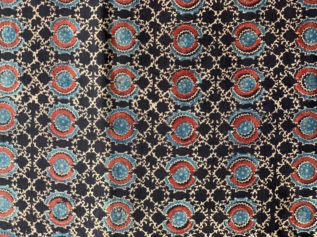 Natural Dye Black Handblock Geometric Floral Ajrakh Cotton Fabric