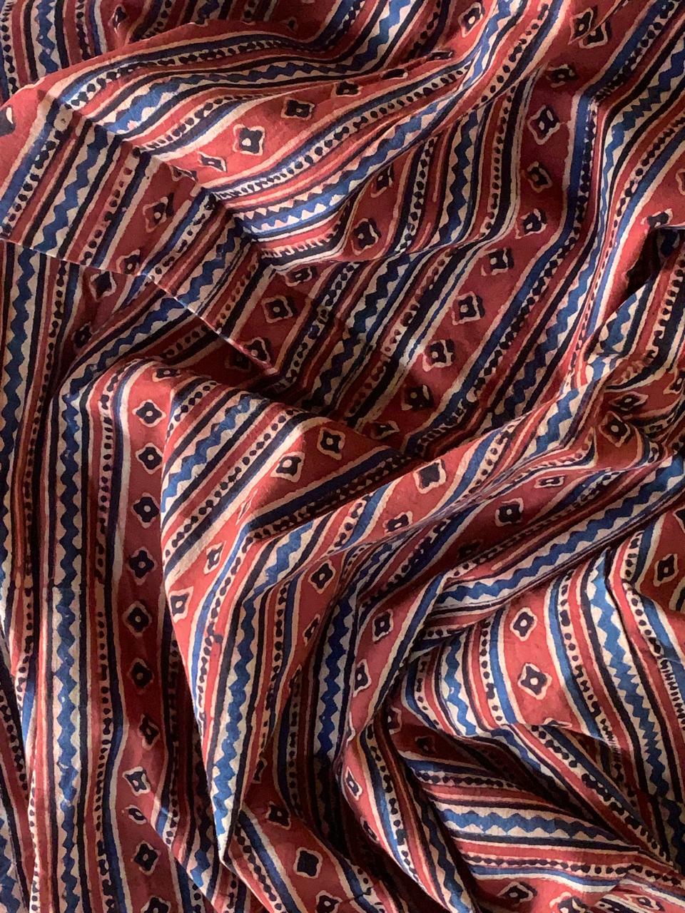 Natural Dye Red Striped Handblock Ajrakh Cotton Fabric