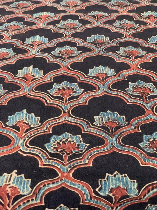 Natural Dye Black Blue Floral Handblock Ajrakh Cotton Fabric
