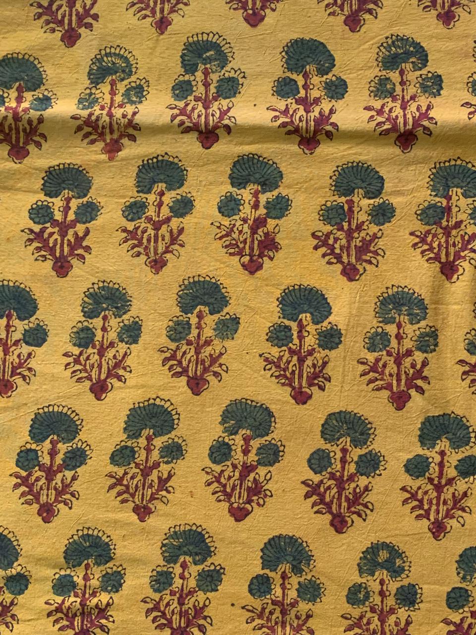 Natural Dye Turmeric Yellow Handblock Ajrakh Cotton Fabric