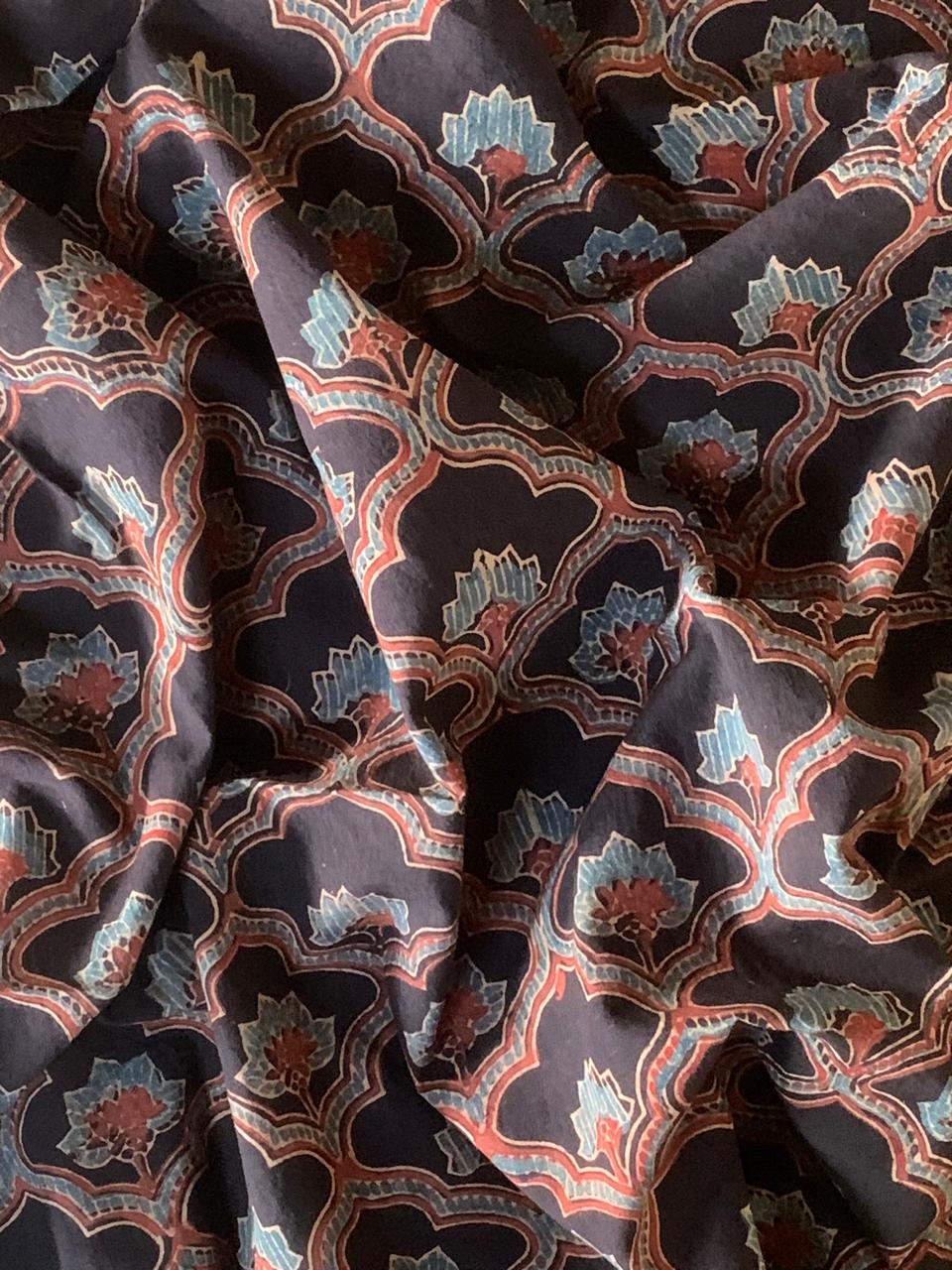 Natural Dye Black Blue Floral Handblock Ajrakh Cotton Fabric