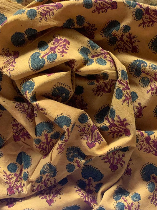 Natural Dye Turmeric Yellow Handblock Botanical Motif Ajrakh Cotton Fabric