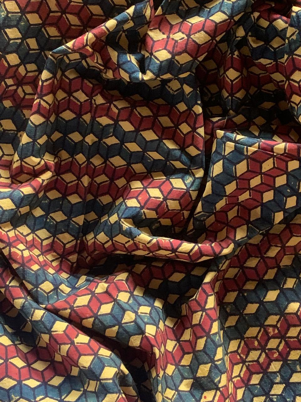Ajrakh Cotton Natural Dye Turmeric Yellow Handblock Printed Geometric Fabric